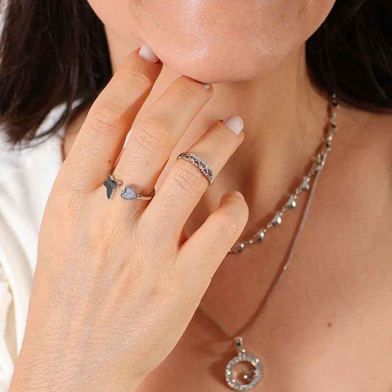 ANEL BORBOLETA + CORAÇÃO ZIRCÔNIA REGULÁVEL BANHADO A PRATA