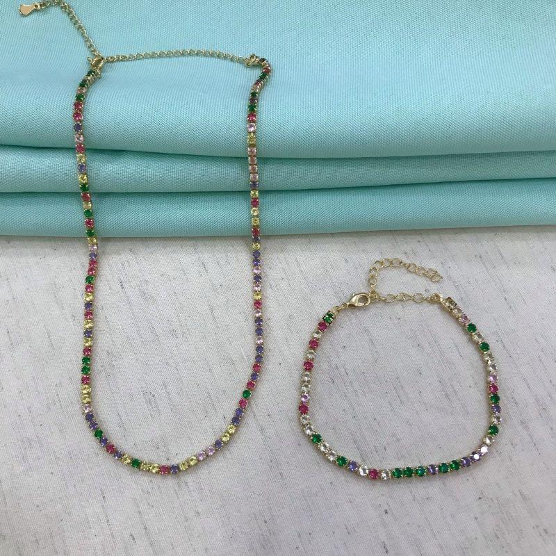 RIVIERA CRAVEJADA EM ZIRCÔNIA COLORIDA BANHADO A OURO