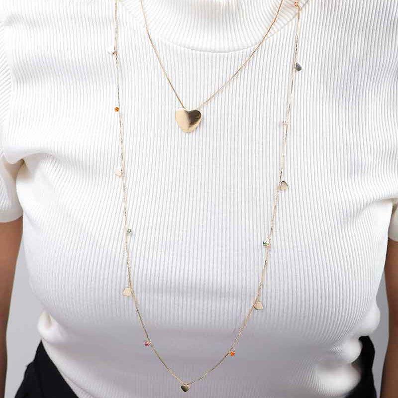 COLAR LONGO CORAÇÃO COM PONTO DE LUZ COLOR 80CM BANHADO A OURO