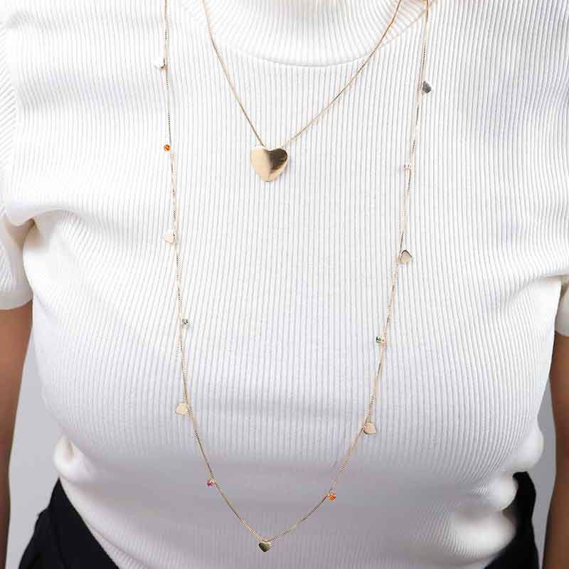 COLAR LONGO CORAÇÃO PONTO DE LUZ 80CM BANHADO A OURO