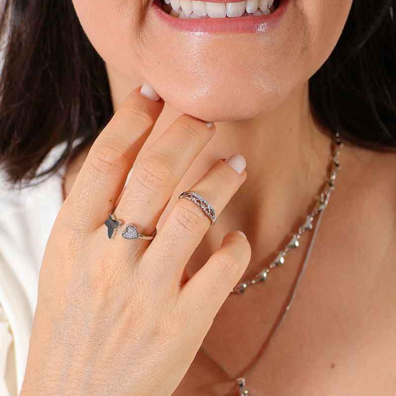 ANEL FALANGE DUPLO ZIRCÔNIA E CORAÇÕES BANHADO A PRATA