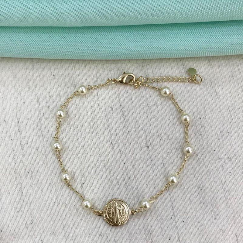 PULSEIRA DE PÉROLA SÃO BENTO BANHADO A OURO
