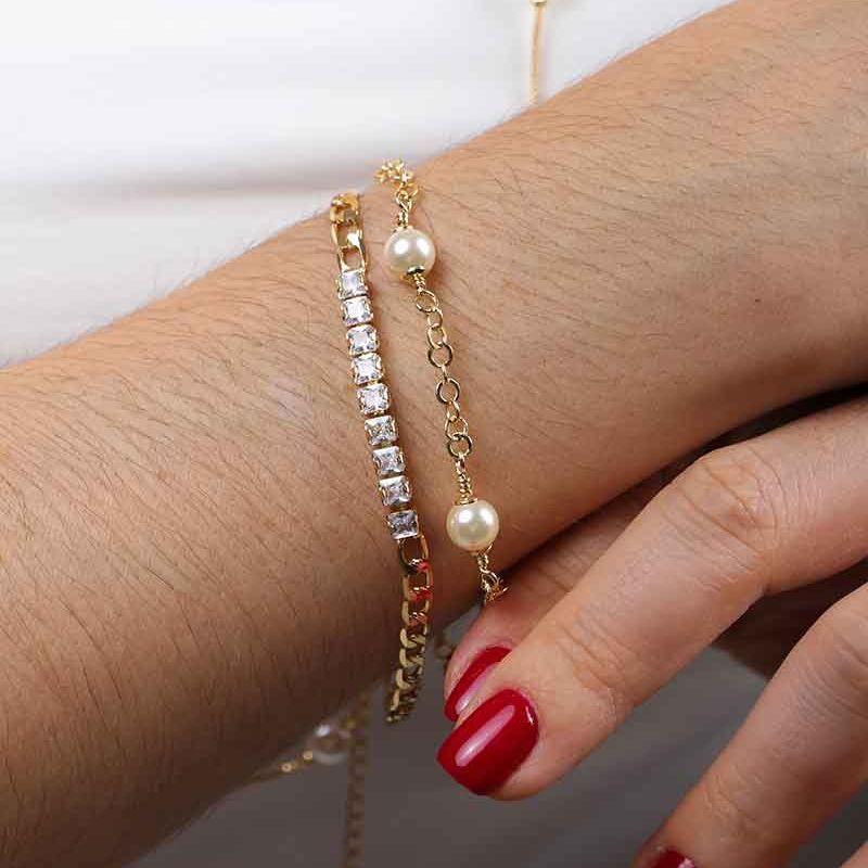 PULSEIRA ELO GRUMET COM RIVIERA BANHADO A OURO