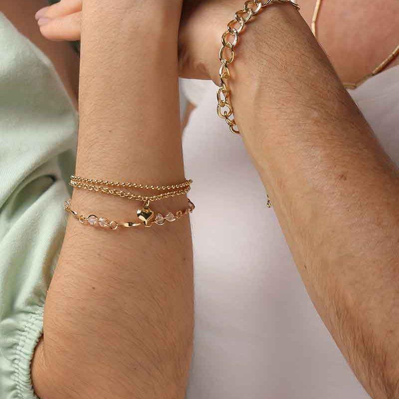 PULSEIRA DUPLA ELO PORTUGUÊS PINGENTE CORAÇÃO BANHADO A OURO