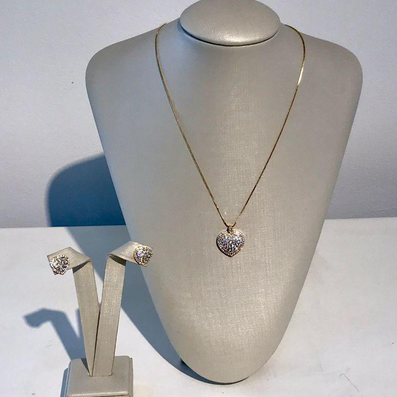 CONJUNTO CORAÇÃO ZIRCÔNIA LUXO BANHADO A OURO
