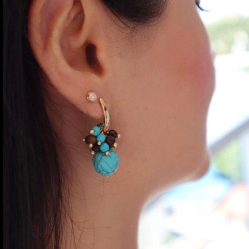 BRINCO CACHO TURQUESA E OLHO DE TIGRE BANHADO A OURO