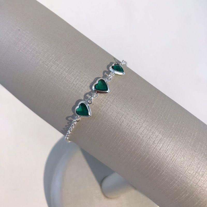 PULSEIRA TRIO DE CORAÇÃO VERDE BANHADO A PRATA