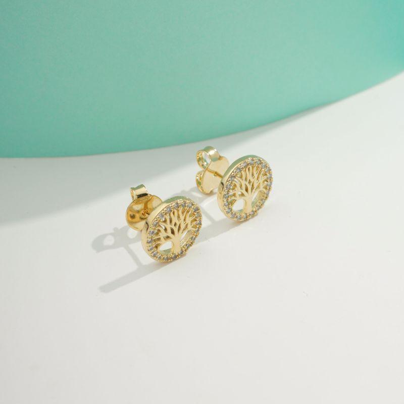 BRINCO REDONDO ÁRVORE DA VIDA EM ZIRCÔNIA BANHADO A OURO