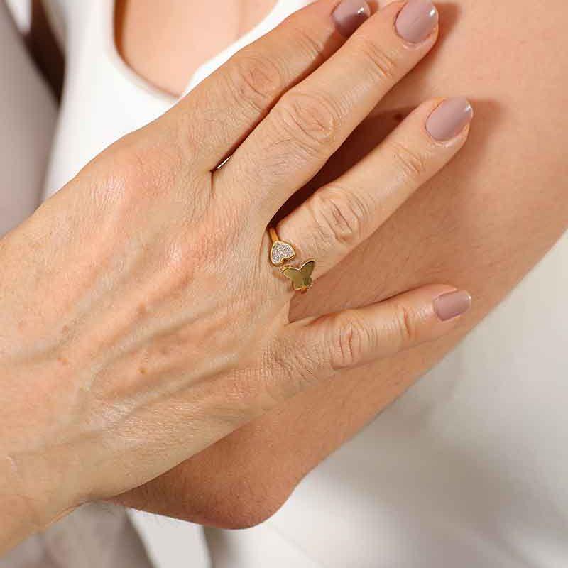 ANEL REGULÁVEL BORBOLETA + CORAÇÃO ZIRCÔNIA BANHADO A OURO
