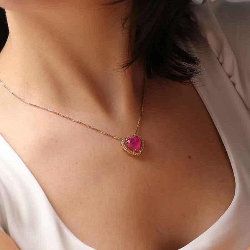 COLAR CORAÇÃO PEDRA FUSION ROSA BANHADO A OURO
