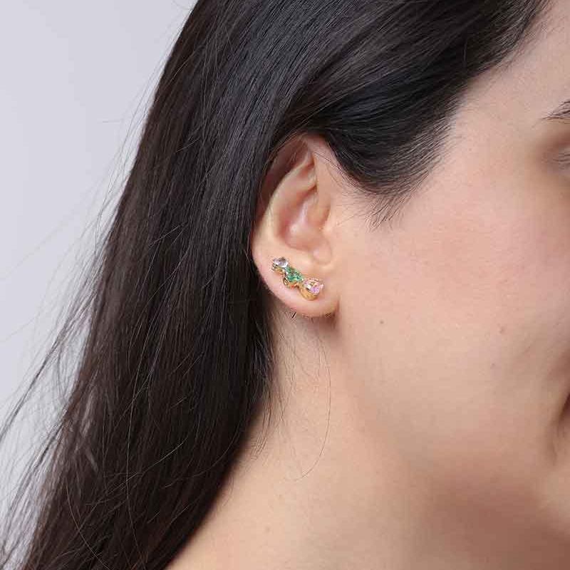 EARCUFF TRIO DE CORAÇÃO COLORIDO BANHADO A OURO