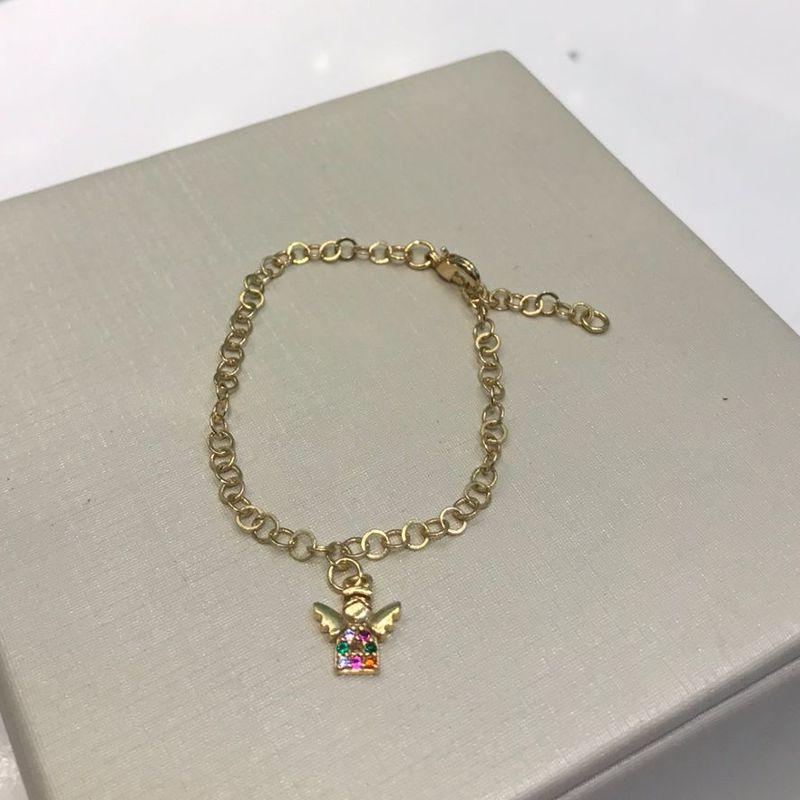 PULSEIRA ANJO DA GUARDA ZIRCÔNIA COLORIDA INFANTIL BANHADO A OURO