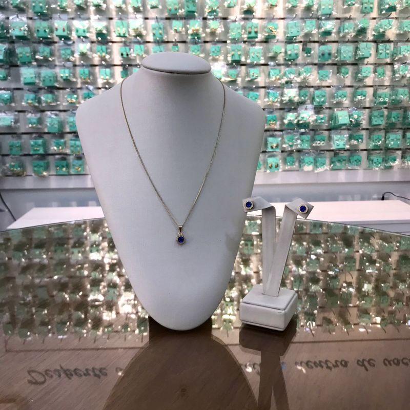 CONJUNTO RELUZ ZIRCÔNIA AZUL BIC BANHADO A OURO