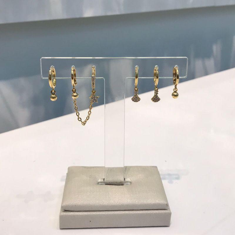 TRIO EARLINE CRAVEJADO EM ZIRCÔNIA BANHADO A OURO