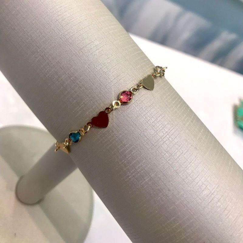 PULSEIRA MINI CORAÇÃO COM TIFFANY COLORIDA BANHADO A OURO