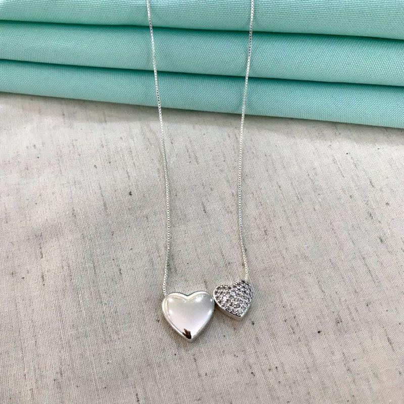 COLAR CORAÇÃO DUPLO AMORE ZIRCÔNIA BANHADO A PRATA