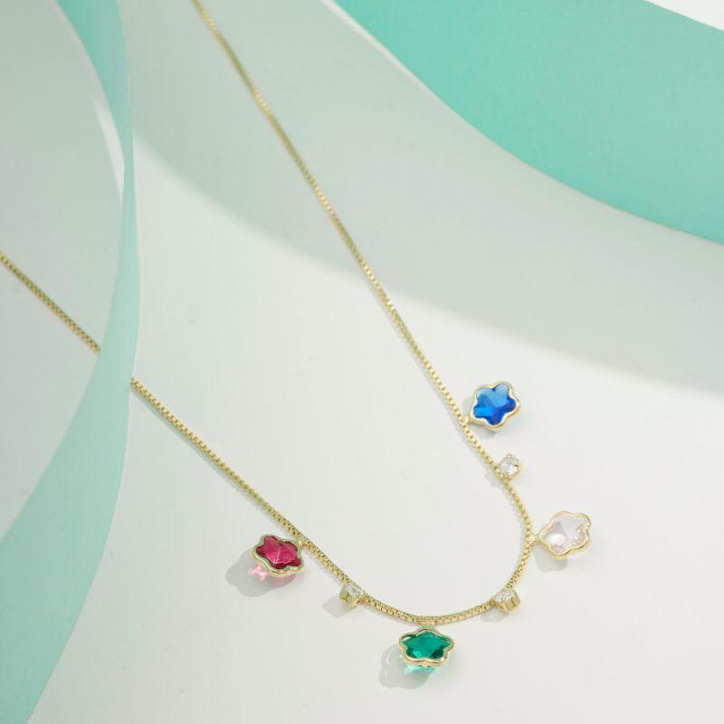 COLAR TREVO COLORIDO E PONTO DE LUZ BANHADO A OURO