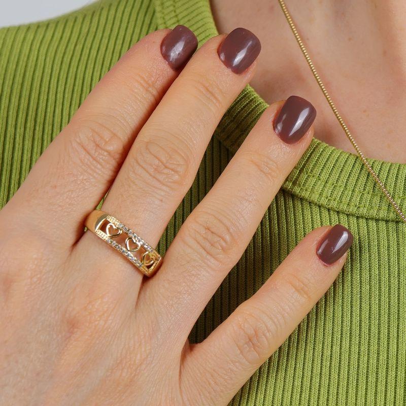 ANEL DUPLO CORAÇÃO ZIRCÔNIA BANHADO A OURO