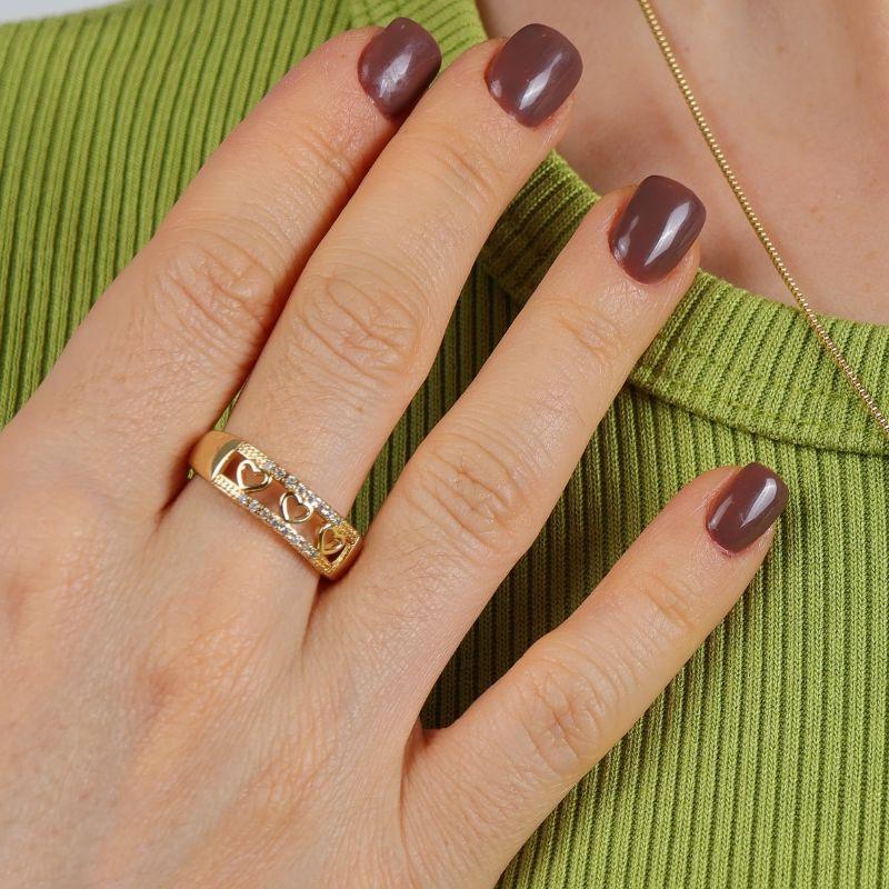 ANEL DUPLO CORAÇÃO ZIRCÔNIA BANHADO A OURO