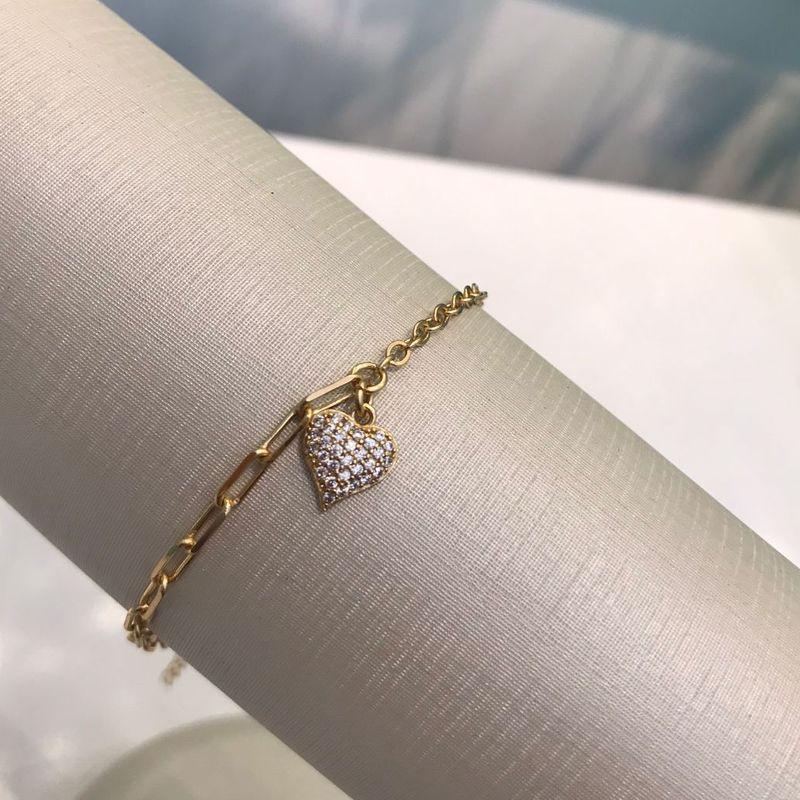 PULSEIRA CARTIER ELO PORTUGUÊS CORAÇÃO ZIRCÔNIA BANHADO A OURO