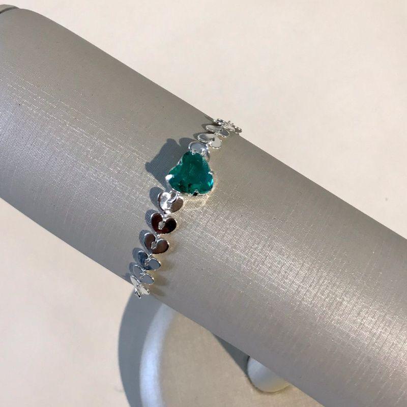 PULSEIRA CORAÇÃO ZIRCÔNIA VERDE SPRING BANHADO A PRATA