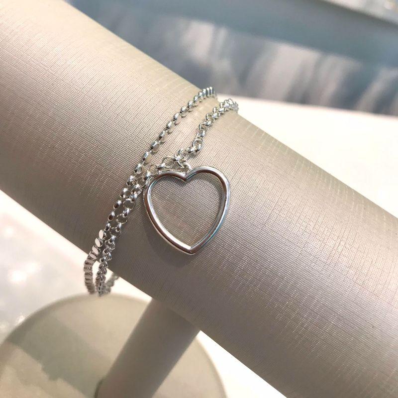 PULSEIRA DUPLA ELO PORTUGUÊS CORAÇÃO BANHADO A PRATA