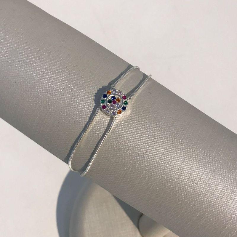 PULSEIRA DUPLA REDONDA ZIRCÔNIA COLORIDA BANHADO A PRATA
