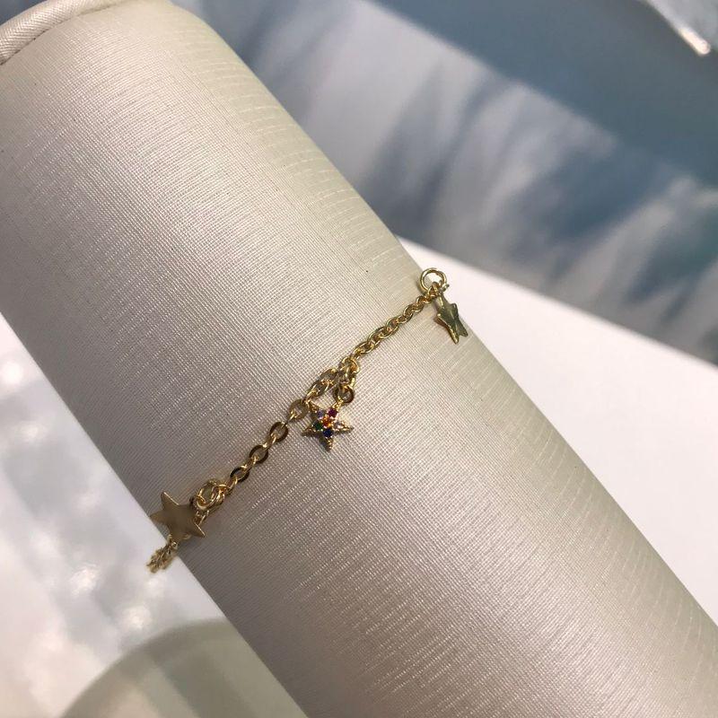 PULSEIRA ELO PORTUGUÊS ESTRELA ZIRCÔNIA COLOR BANHADO A OURO