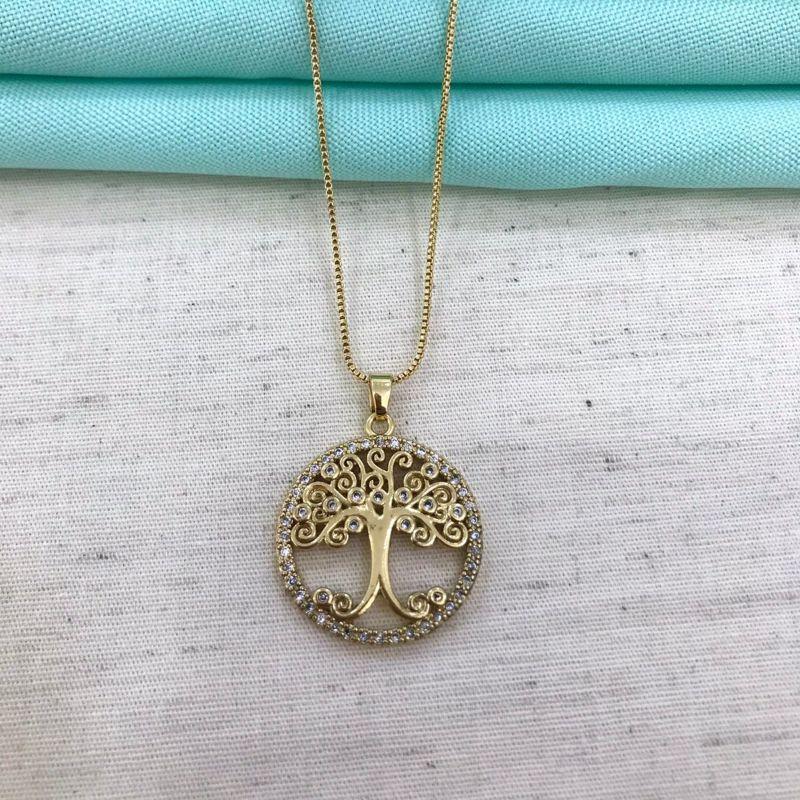 COLAR ÁRVORE DA VIDA EM ZIRCÔNIA BANHADO A OURO