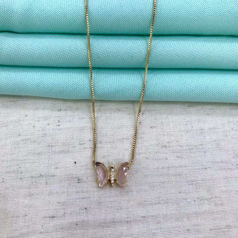 COLAR BORBOLETA EM ZIRCÔNIA ROSA BANHADO A OURO