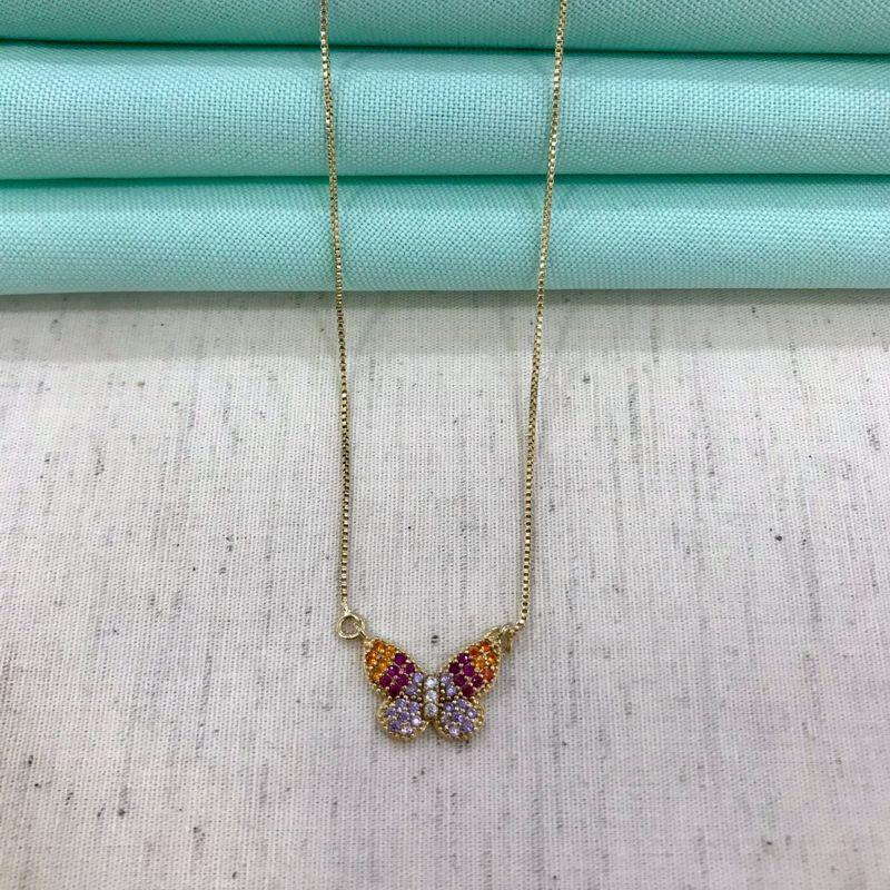 COLAR BORBOLETA ZIRCÔNIA COLORIDA BANHADO A OURO