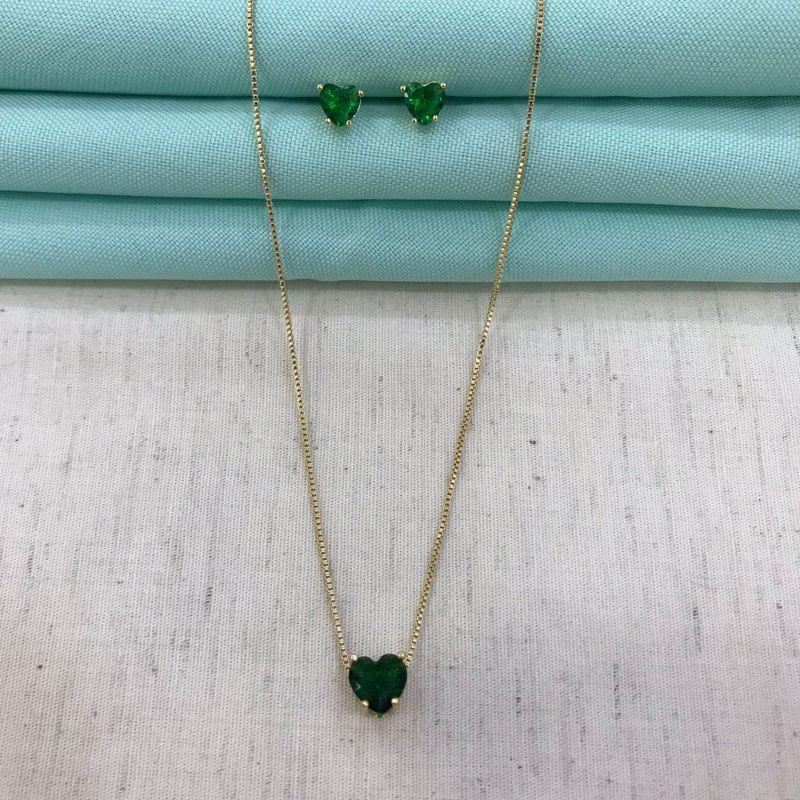 CONJUNTO CORAÇÃO ESMERALDA BANHADO A OURO