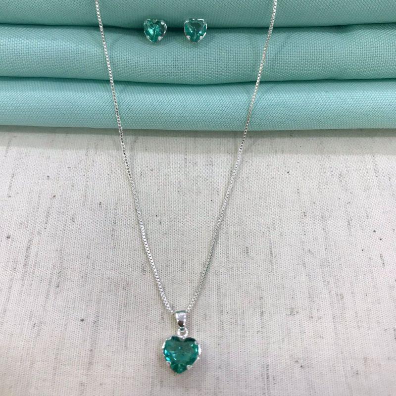 CONJUNTO CORAÇÃO TURMALINA BANHADO A PRATA