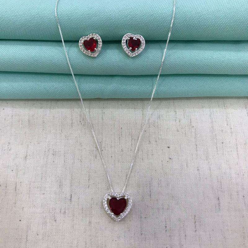 CONJUNTO CORAÇÃO VERMELHO COM ZIRCÔNIA BANHADO A PRATA