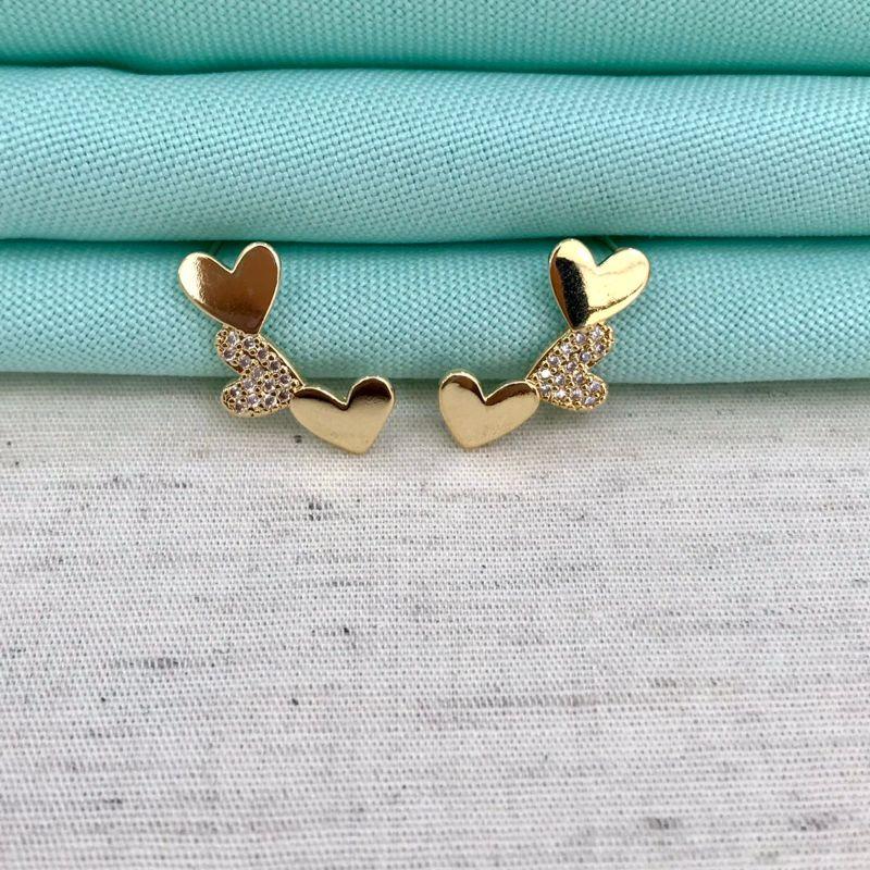 EARCUFF TRIO CORAÇÃO ZIRCÔNIA BANHADO A OURO