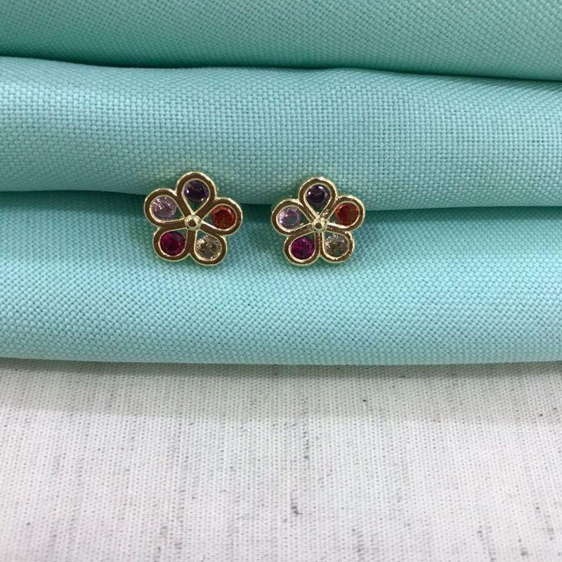 BRINCO FLOR ZIRC COLOR BANHADO A OURO
