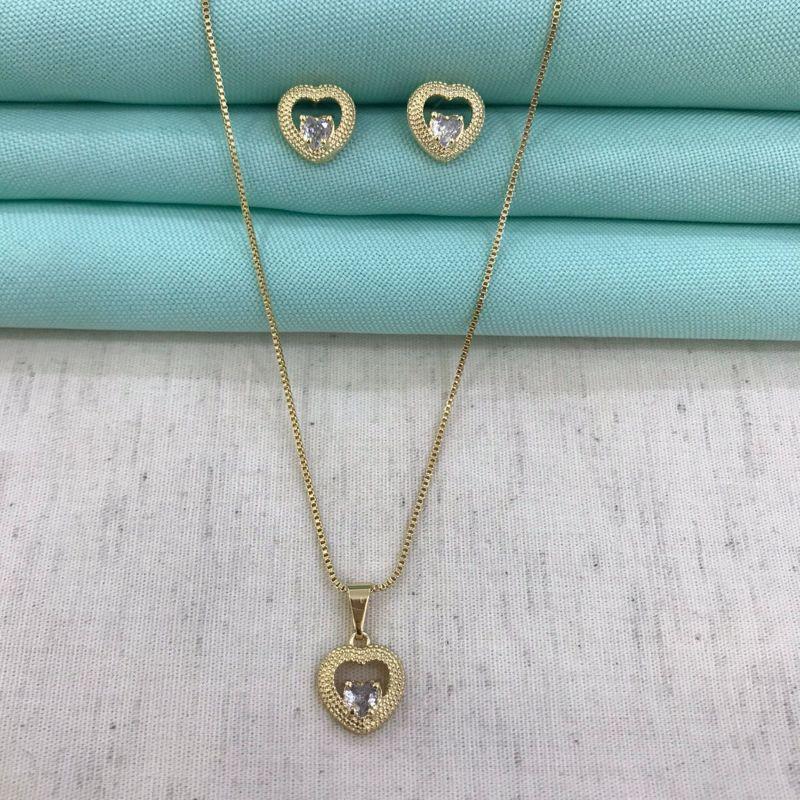 CONJUNTO CORAÇÃO TEXTURIZADO BANHADO A OURO