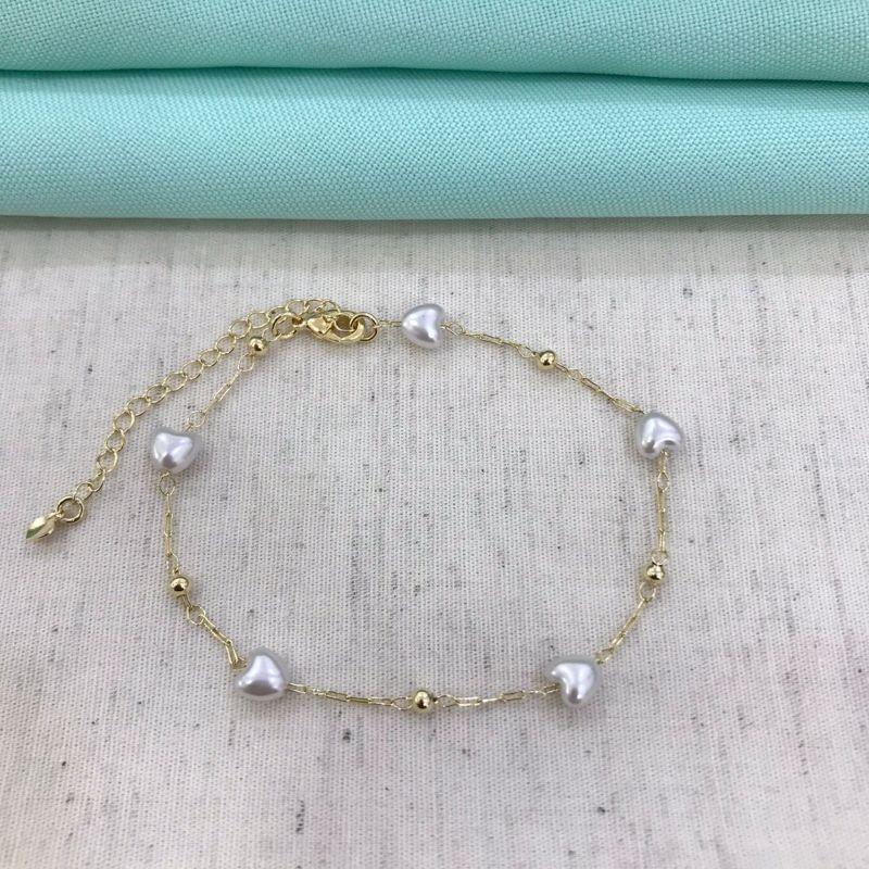 PULSEIRA PÉROLA CORAÇÃO ESFERA BANHADO A OURO