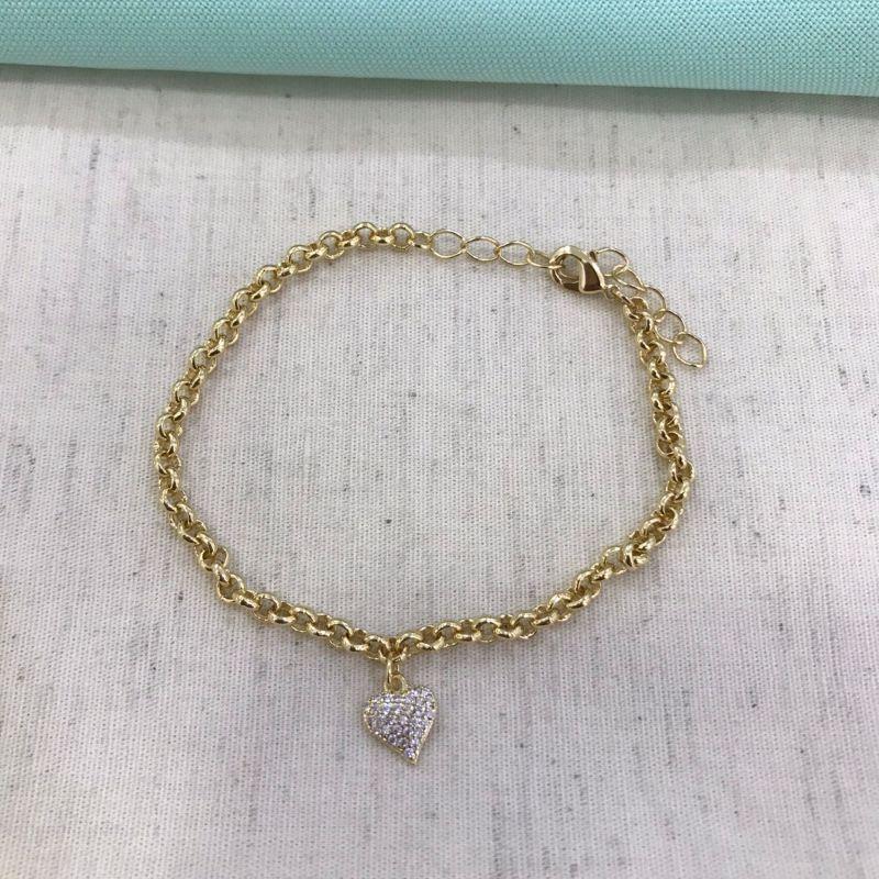 PULSEIRA ELO PORTUGUÊS PINGENTE CORAÇÃO BANHADO A OURO