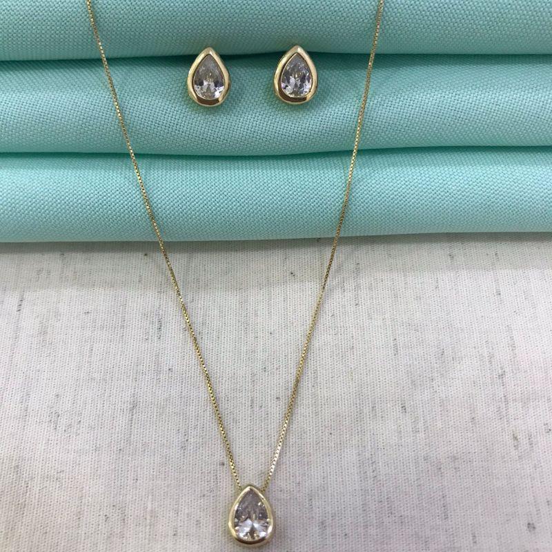 CONJUNTO GOTA ZIRCÔNIA GLAMOUR BANHADO A OURO