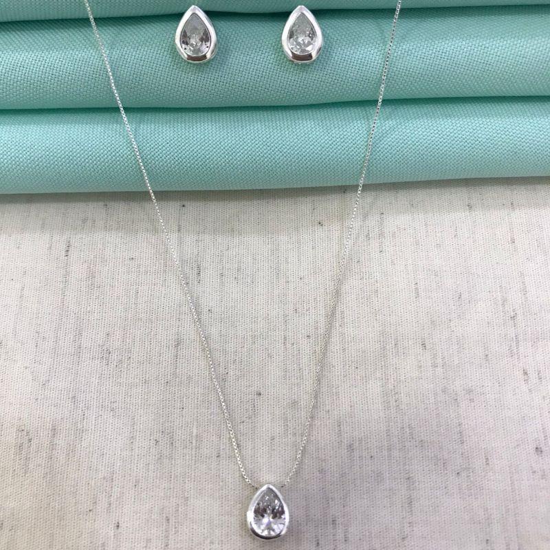 CONJUNTO GOTA ZIRCÔNIA GLAMOUR BANHADO A PRATA