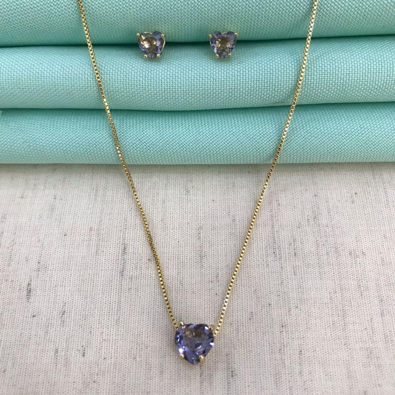 CONJUNTO CORAÇÃO LILÁS BANHADO A OURO