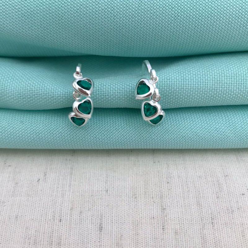 ARGOLINHA TRIO CORAÇÃO VERDE BANHADO A PRATA