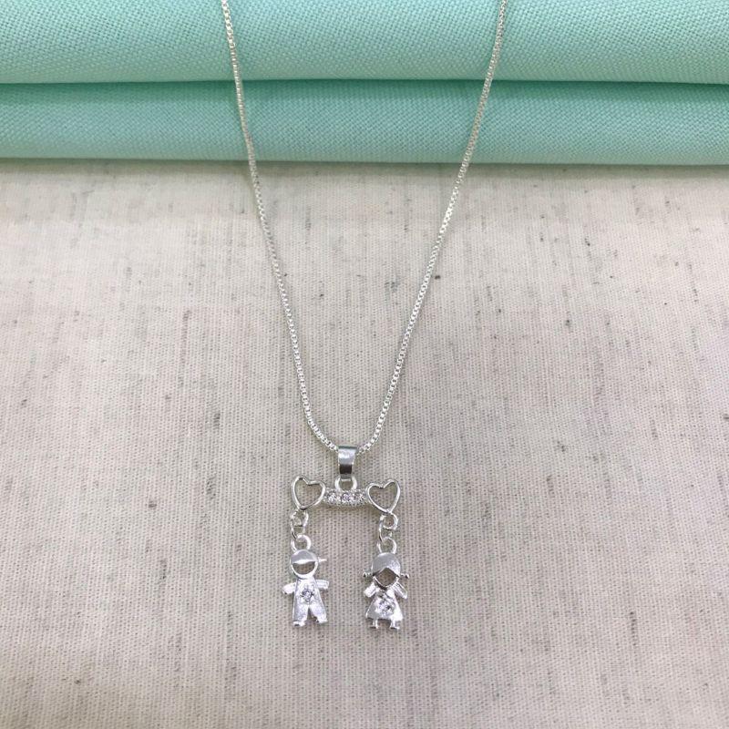 COLAR CANGA 2 FILHOS CORAÇÃO BANHADO A PRATA