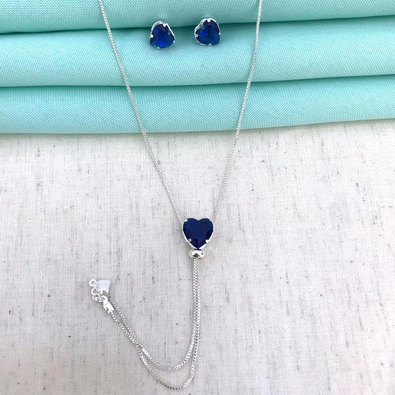 CONJUNTO GRAVATINHA CORAÇÃO AZUL BANHADO A PRATA