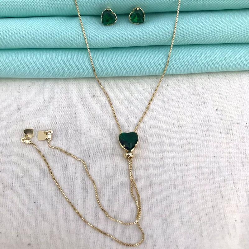 CONJUNTO GRAVATINHA CORAÇÃO ESMERALDA BANHADO A OURO