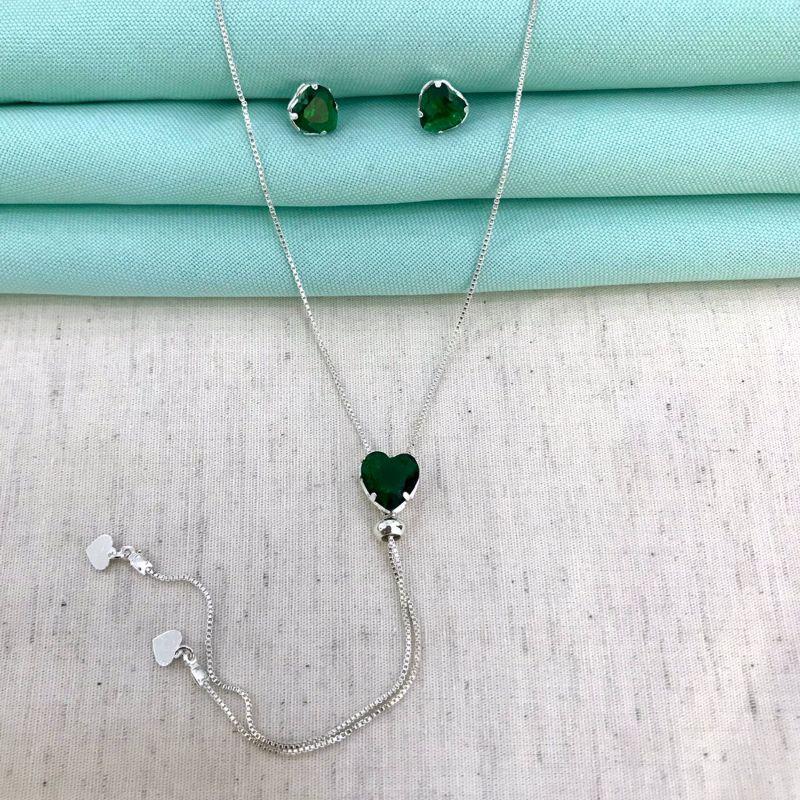 CONJUNTO GRAVATINHA CORAÇÃO ESMERALDA BANHADO A PRATA