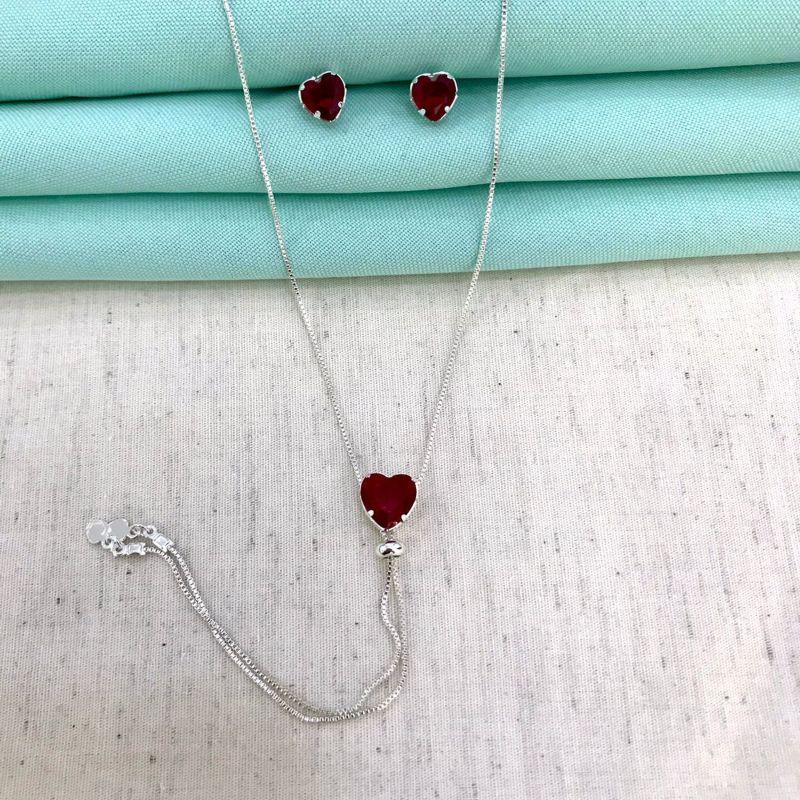 CONJUNTO GRAVATINHA CORAÇÃO RUBI BANHADO A PRATA