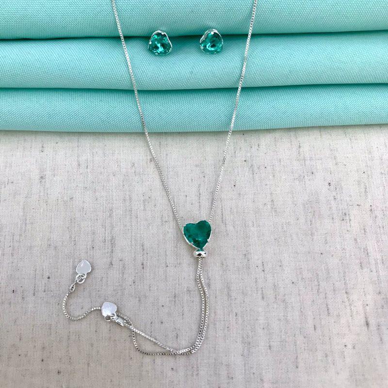 CONJUNTO GRAVATINHA CORAÇÃO TURMALINA BANHADO A PRATA