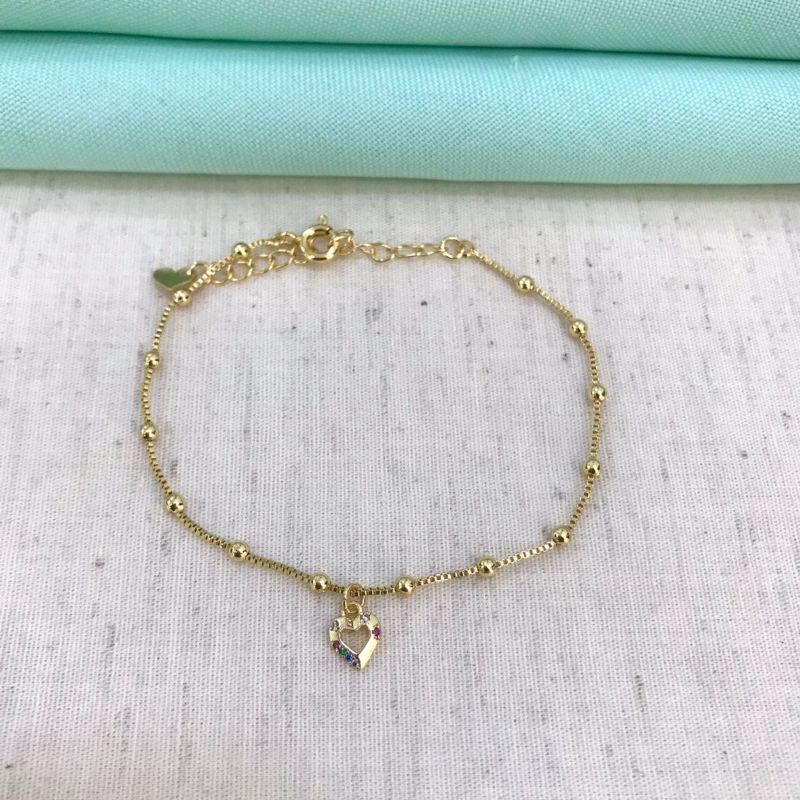 PULSEIRA CORAÇÃO ZIRC COLOR ESFERA BANHADO A OURO